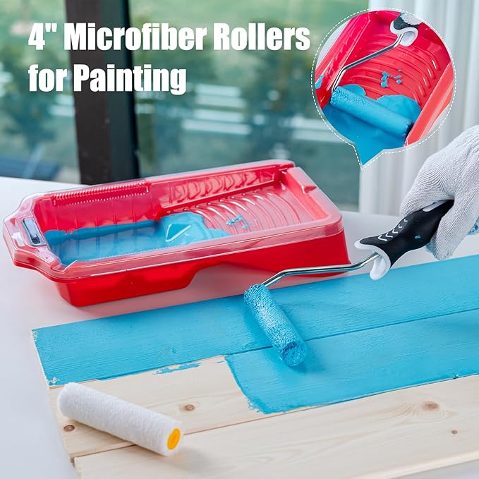 Mister Rui 4 Inch Mini Paint Roller Kit 12-Pc with Tray, Liners & Brush