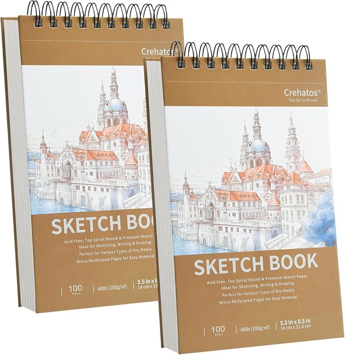 Crehatos 5.5" x 8.5" Small Sketch Book, Top Spiral Bound Sketch Pad, 100 Sheets Each 68lb/100gsm Drawing Paper, 2 Pack | Top Spiral Bound Sketch Pad, 68lb/100gsm Drawing Paper for Dry Media