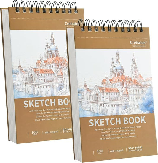 Crehatos 5.5" x 8.5" Small Sketch Book, Top Spiral Bound Sketch Pad, 100 Sheets Each 68lb/100gsm Drawing Paper, 2 Pack | Top Spiral Bound Sketch Pad, 68lb/100gsm Drawing Paper for Dry Media