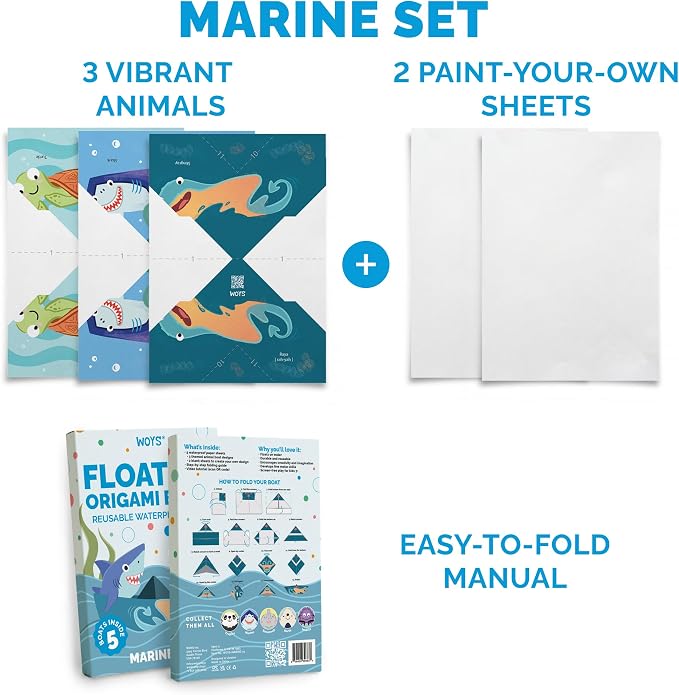 WOYS Floating Origami Boats | Marine Set | Waterproof Premium Reusable Paper | Screen-Free DIY Arts & Crafts Activity & Gift | 5 Sheets | Bath, Pool & Indoor Play