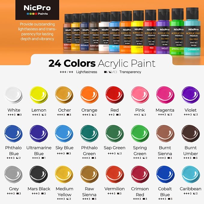 Nicpro Acrylic Paint Set 24 Colors 2oz with 12 Brushes & Palette | Non-Toxic Art Supplies Kit, Rich Pigments for Beginners, Artists, Painting on Fabric, Canvas, Wood, Rock, Ceramic