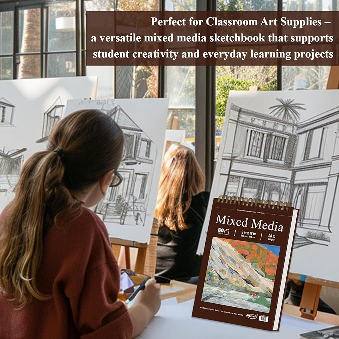 Mofuny Mixed Media Sketchbook 8x10, 50 Sheets - 110lb/180gsm Mixed Media Paper | Art Paper for Acrylic Painting, Watercolor Sketchbook, Ink, Markers, Pencil, Artist Supplies for Adults.