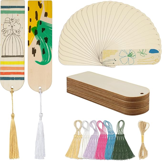SWATOM Wood Bookmarks Blank DIY Semicircle Wooden Bookmark Craft Bulk 30 PCS Unfinished Wood Tags Ornaments with Holes and Tassels for Wedding Party Birthday Decoration