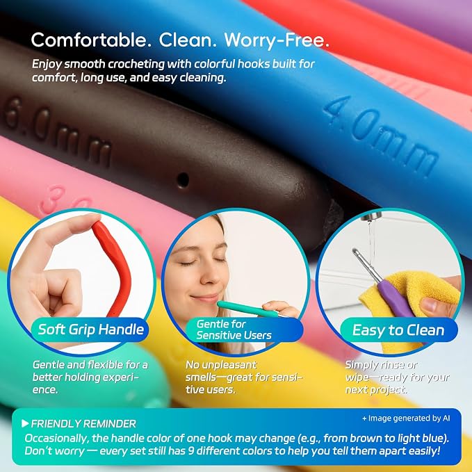 9PCS Ergonomic Crochet Hooks Set by Flickzo – Aluminum Crochet Hook Set with Soft Silicone Handles (2-6mm), Crochet Kit for Beginners with Crochet Tools & Knitting Accessories