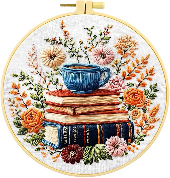 Zhenqing Book Lover Embroidery Kit for Beginners, Books Blooms & Tea Needlework Craft with Pre-Printed Cotton Fabric, Hoop, Threads & Tools, Reading Nook Decor (C0208)