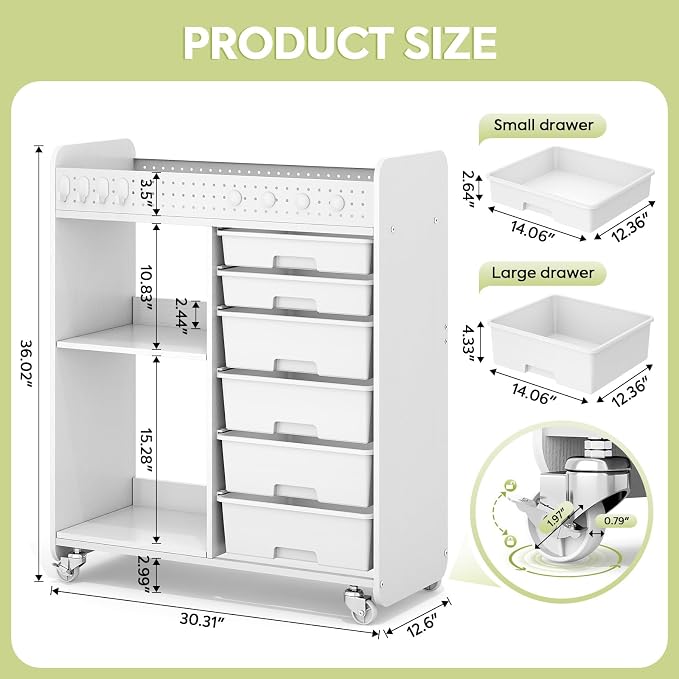Rolling Craft Cart with 6 Drawers, Pegboard and Locking Wheels White