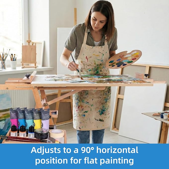 Falling in Art Large Horizontal Wooden Painting Easel, Holds up to 50'' | H-Frame Studio Easel Stand with Storage Drawer and Palettes, Suitable for Adults, Beginners, and Artists