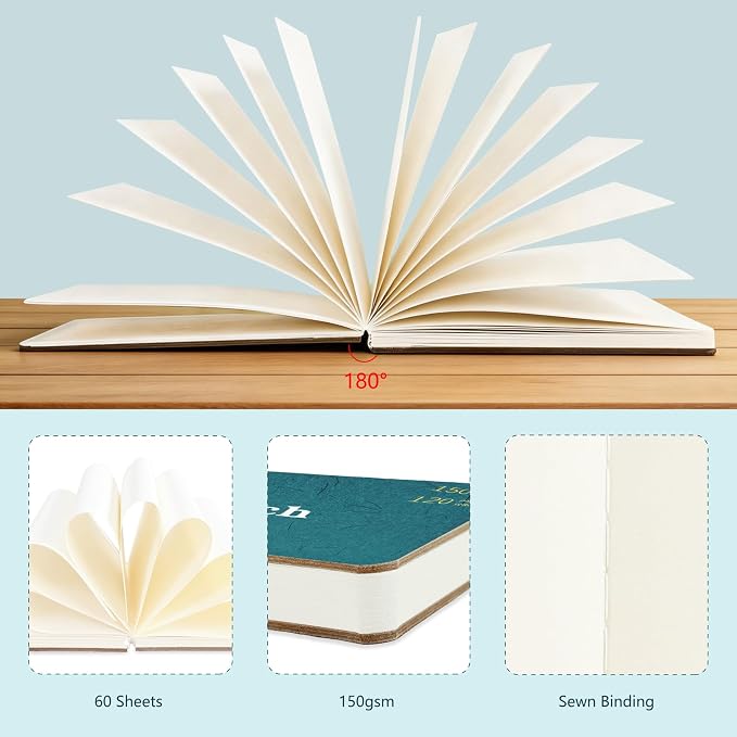 Hardcover Pocket Sketchbook, 3.5" x 5.4" Mini Small Travel Drawing Journal, 92lb/150gsm Heavyweight Paper, 120 Pages Blank Sketch Book for Adults Artists Mixed Media, Ideal Gift,Blue Green