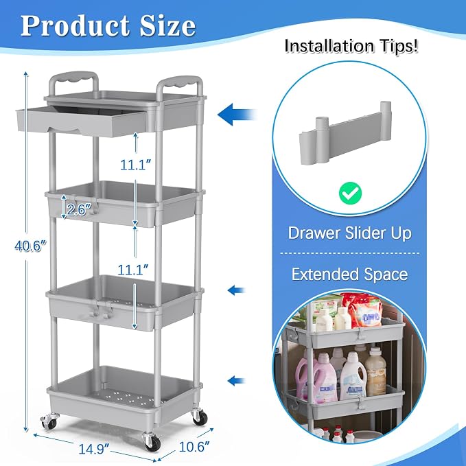 SUNALLY 4 Tier Rolling Cart with Drawer, Craft Storage Cart Organizer, Gray