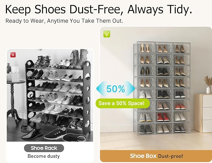 Kuject XX-Large Shoe Storage Boxes 12 Pack, Clear Stackable Shoe Organizer