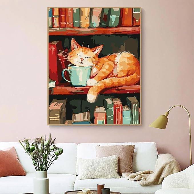 ZRIZQ Paint by Numbers Kit for Adults Beginner,Cat Books,16x20 | Full set with wooden brushes,rolled canvas,rich paints.Calming activity.Beginner friendly.Just open and paint.