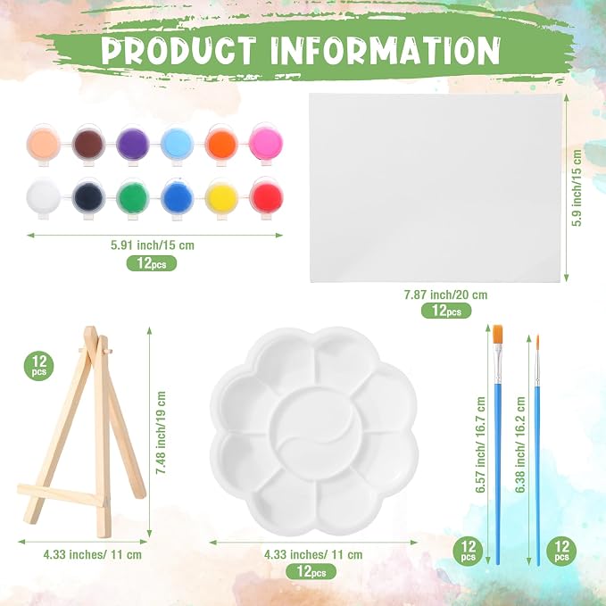 Qilery 12 Set Canvas Painting Kit, Mini Canvas with Wooden Easels Acrylic Paints Strips, Brushes, Palette, Art Set for Acrylic Oil Watercolor Adults Birthday Party Favors(6 x 8 Inch)