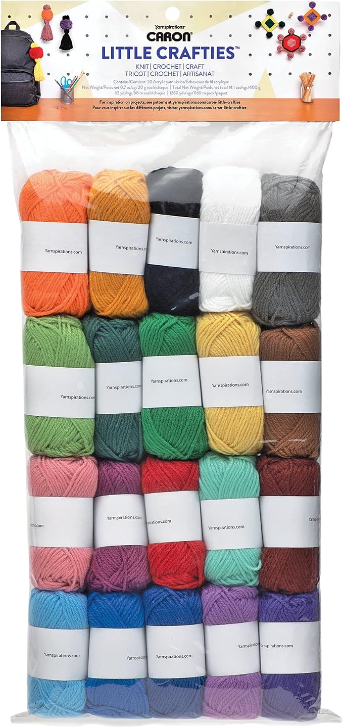 Caron Little Crafties Acrylic Mini Yarn Multipack 20 Count (Pack of 1) – Knitting, Crocheting & Art Projects – Machine Washable & Dryable – Durable Light Weight Yarn Kit