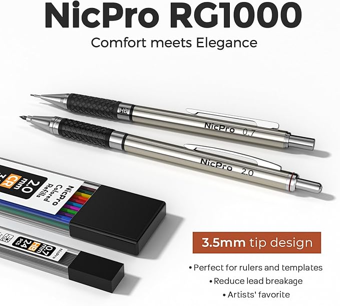 Nicpro Art Mechanical Pencil Set in Storage Case, Metal Drawing Pencil 6PCS | 0.5-2.0 mm Led Pencil + (4B 2B HB 2H Colors) Pencil Lead Refill, Comfort Grip for School Writing, Artist Drawing Sketching