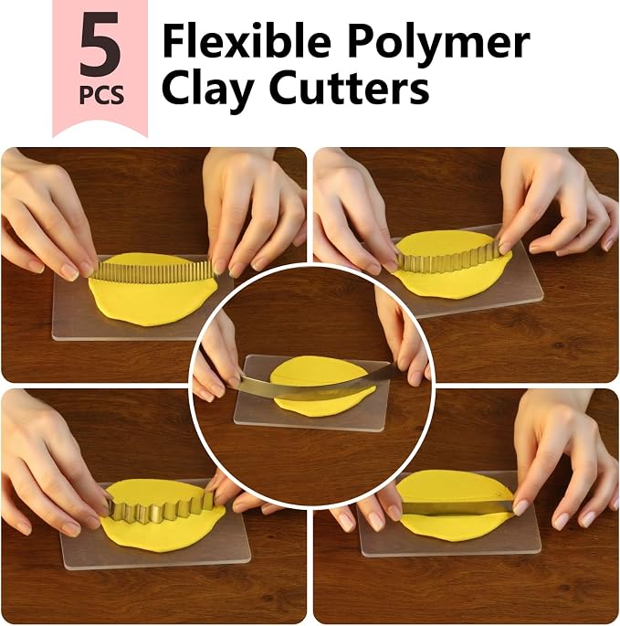 Polymer Clay Cutters - Premium Stainless Steel Clay Cutting Tools Set with 2 Straight Tissue Blades for Polymer Clay, 3 Curved Wave Blades, Professional Clay Slicing Tool Kit -Protect Fingers