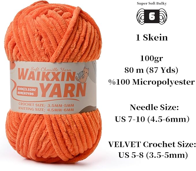 （Orange） Super Soft Fuzzy Chenille Chunky Yarn for Crocheting, 100g (87yds) Fluffy Velvet Yarn for Hand Knitting Baby Blankets Weaving Craft
