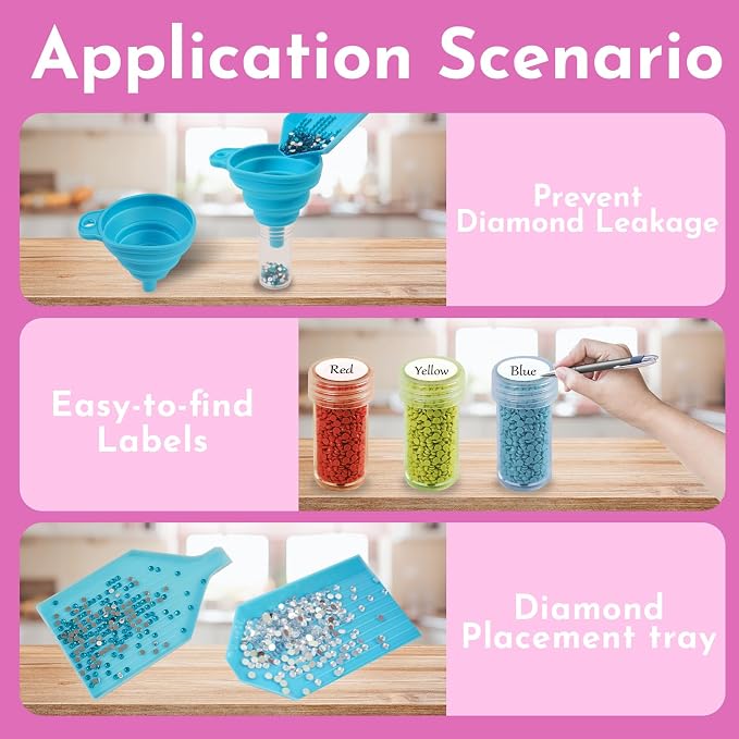 TAVOLOZZA Diamond Painting Storage Containers, 60 Slots Diamond Painting Accessories and Tools with Jars for Beads, Portable Diamond Art Organizer Case, Diamond Art Kit Storage Box, Pink