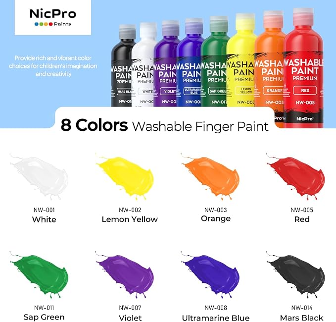 Nicpro 8 Colors Washable Finger Paint Set for Toddlers (4 oz), Non-Toxic | Baby Safe Paint for Hand and Feet, Mess Free Finger Painting Art Supplies for Kids Age 1-3 4 5 6+, Preschool Learning Gifts