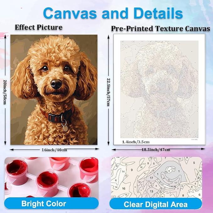 Artunion Poodle Dog Paint by Numbers Kit for Adults,Dog Animals Paint by Number Kits, DIY Oil Painting Paint by Number Kits on Canvas Arts Craft for Home Wall Decor 16x20 Inch