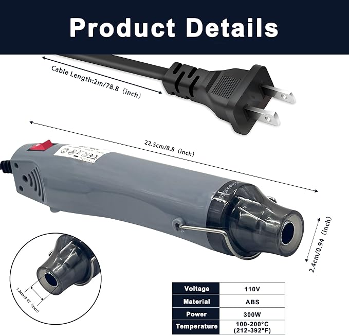 Mini Heat Gun for Crafting, 300W 2-Temp Settings Fast Heat Hot Air Gun Tool for Crafting, Heat Gun for Craft Dryer, 6.56Ft Long Cable Overload Protection for Drying Paint, Shrink Tubing - Grey