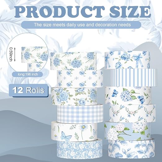 12 Rolls Floral Washi Tape Set,Blue,Rose | Watercolor Flowers Design for Scrapbook Journal DIY Craft School Supplies, 15 mm Vintage Decorative Masking Washi Tapes