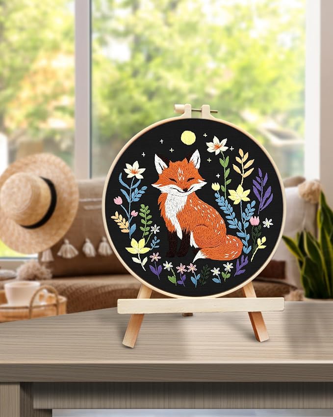TINDTOP Embroidery Kit for Beginners Adult, Fox Embroidery Kit | Include Embroidery Cloth Hoops Threads for Craft Lover Hand Stitch with Embroidery Skill Techniques