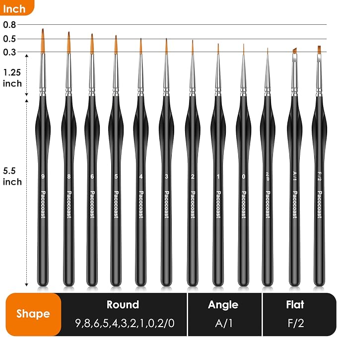12Pcs Detail Paint Brushes Set for Miniature Fine Art Painting | Triangular handles for acrylic, watercolor & oil paints. Great for crafts, models, figurines, face paint & paint-by-number
