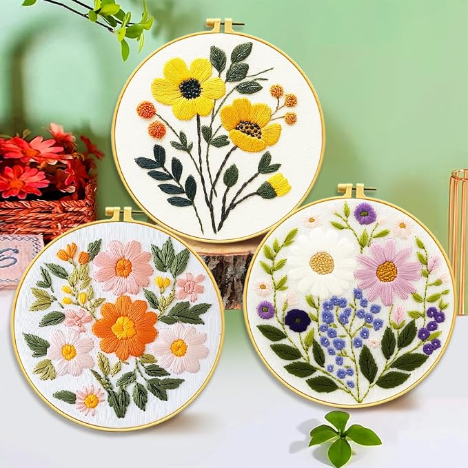 Zhenqing Floral Embroidery Kit for Beginners, 3 Patterns, 7.8in Hoop