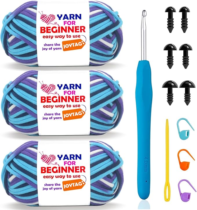 3 Pack Rainbow Beginner Crochet Yarn for Crocheting and Knitting Multicolor Cotton Crochet Yarn for Beginners with Easy-to-See Stitches Cotton-Nylon Blend Easy Yarn for Beginners(Blue Purple)