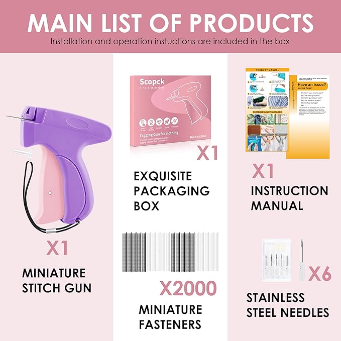 Stitch Gun for Clothes - Handheld Stitch Gun Quick Clothing Fixer - Tagging Gun - Includes 6 Needle, 1000 Black Fasteners & 1000 White Fasteners