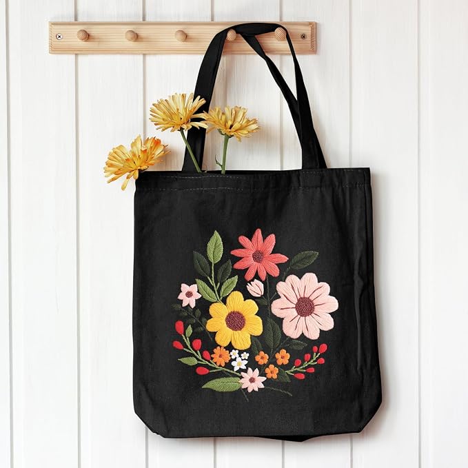 Louise Maelys Halloween Embroidery Kit Canvas Tote Bag with Flower Pattern