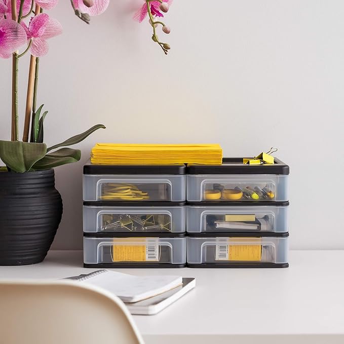 IRIS USA 2-Pack, 3-Drawer Small Plastic Stacking Desktop Organizer, Black