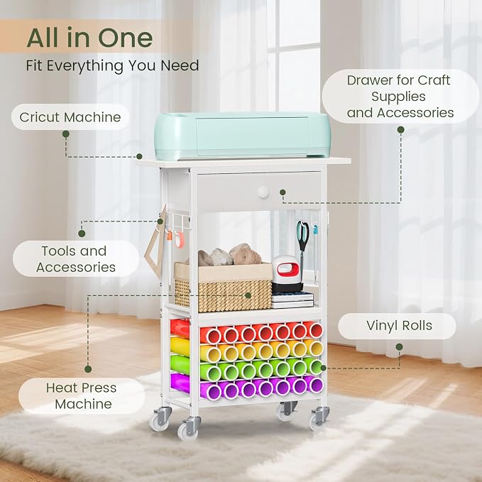 Snughome Craft Cart Compatible with Cricut Maker, Craft Organizers and Storage Table for Cricut Cart with Wheels, Drawer and 28 Vinyl Roll Holders, White, 23.6"(L) x 9.5"(D) x 31.7"(H)