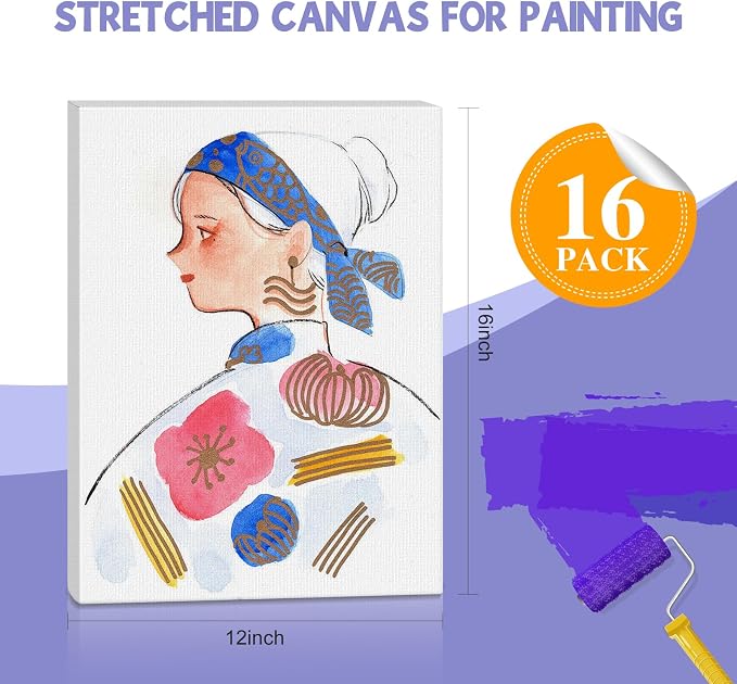 ESRICH Stretched Canvas for Painting 12x16 Inch, 16 Pack Blank Canvas Bulk-5/8 in Profile Primed Cotton White Canvases for Painting for Oil & Acrylic Paint
