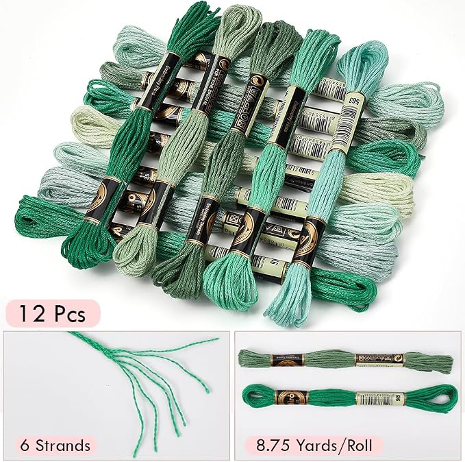 12 Skeins 105 Yards Green Embroidery Thread Floss for Hand Sewing