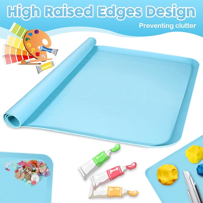 Large Silicone Mat for Crafts, 24"X19.7" Art Mat with Raised Edges for Clay, Resin, Slime, Jewelry-Making Table Protection Heat-Resistant Paint Mats, blue