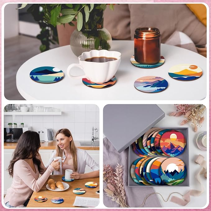 Reallnaive 16 Pcs Mountain Paint by Numbers Kit for Adults Wooden Coasters | Mini Paint by Numbers, Tiny Landscape Round Oil Painting Drink Coaster with Holder, for Small DIY Craft Birthday Gift