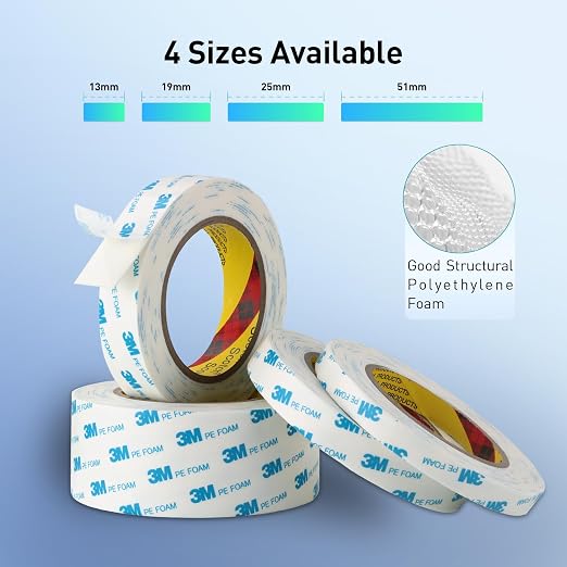 3M Double Sided Tape, 3/4" x 18Ft Foam Tape, 1600T, White, 2 Pack