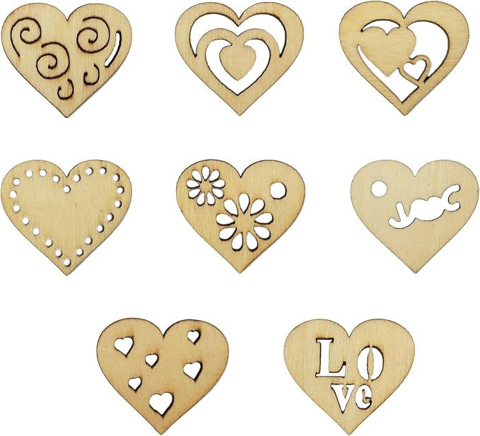 DIYOMR 200Pcs Unfinished Wood Pieces Hollow Wooden Art Decor, Vintage Embellishments Decorative Accessories for Scrapbooking Crafts DIY Home Decor (Heart)