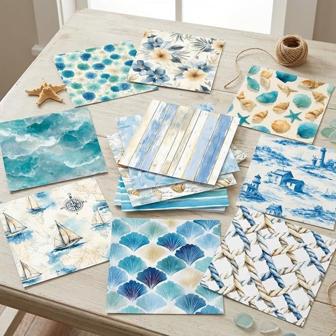 Blue Aesthetics Scrapbooking Paper Pad - 24 Sheets 6'' x 6'' Beach Shell Patterned Decorative Collage Decoupage for Journaling Wrapping Folded Supplies Gift DIY Crafts Cards Photo Album