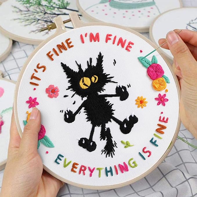 Louise Maelys Cute Cat Embroidery Kit for Beginners DIY Needlepoint | Adults Starter Cross Stitch Kits with Funny Animal Pattern, Complete Needlepoint Kit with Hoop, Threads, Needles and Guide