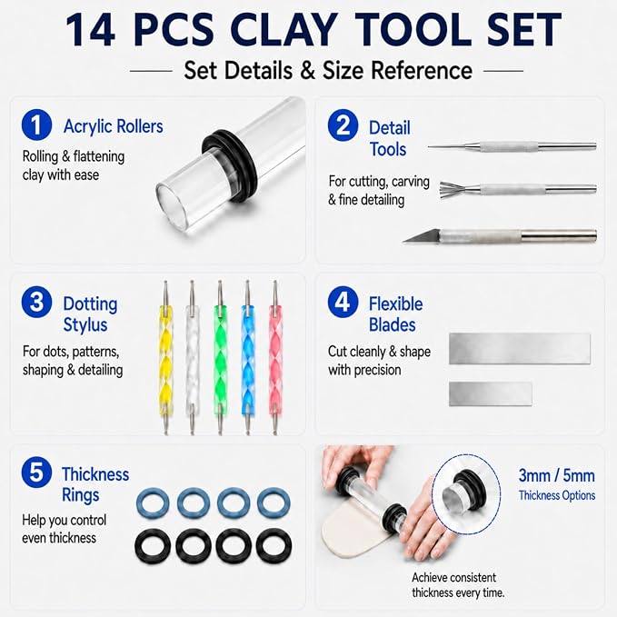 DIYOOHOMY 18 Pcs Polymer Clay Tools Kit, Rolling Pin with Thickness Rings | Air Dry Clay Jewelry Earring Making Set Sculpting, Small Acrylic Roller, Dotting, Tissue Blades Cutters Craft Knife, Needle
