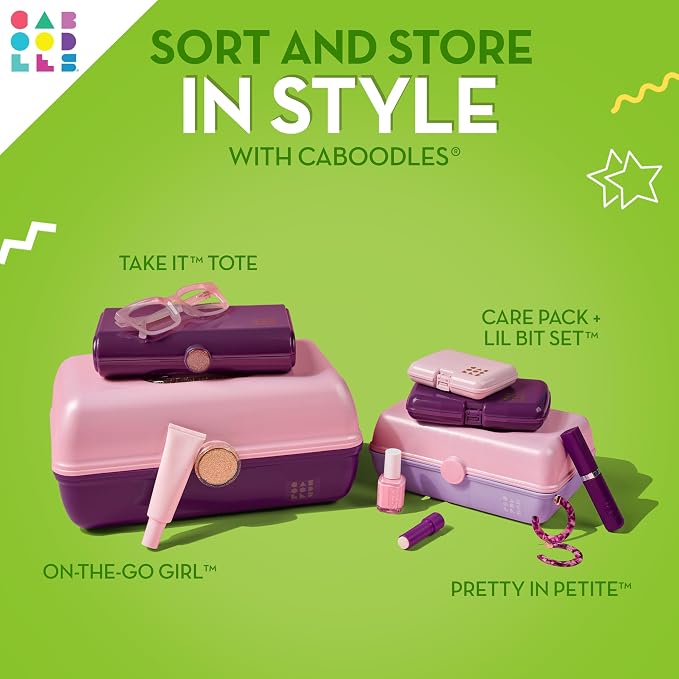 Caboodles On-The-Go Girl Makeup Box, Two-Tone Pink on Neon Green, Hard Plastic Makeup Organizer Box, Built-In Mirror, Secure Latch for Safe Travel, Spacious Storage for Large Items
