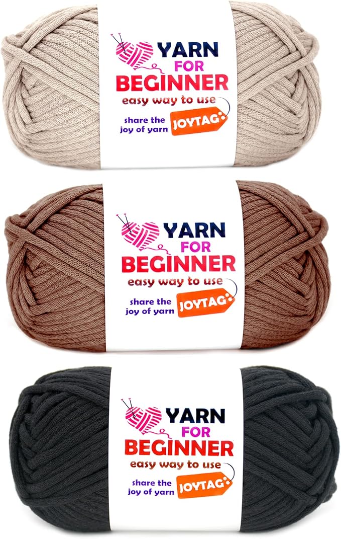 Cotton Crochet Knitting Yarn for Beginners - Easy-to-See Stitches Cotton-Nylon Blend - Crochet Kit (3x50g) - Black, Coffee, Beige