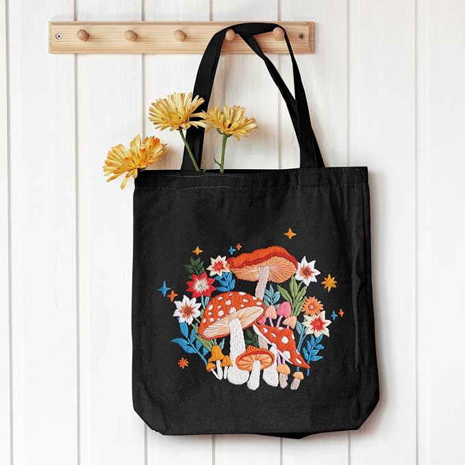 Louise Maelys Embroidery Kit Canvas Tote Bag with Mushroom Floral Pattern