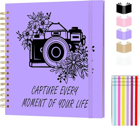 Scrapbook Album 8x8 inch, Travelling Journal Scrap Book Family Scrapbook Scrapbooking Supplies Kits Gift for Couples Anniversary Wedding (purple, 8 x 8 inch)