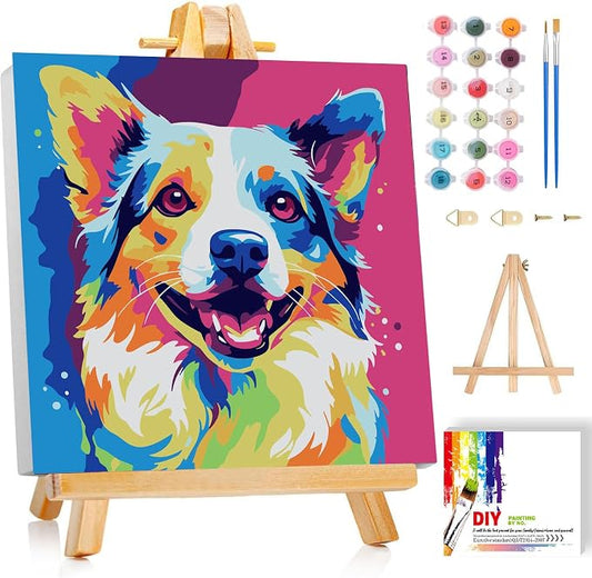 ajepon Dog Paint by Numbers Kit for Kids with Frame - Dog Paint by Number for Kids, Kid Painting by Number Kits Age 6-8 for Home Wall Decor 8X8inch (with Wooden Easel)