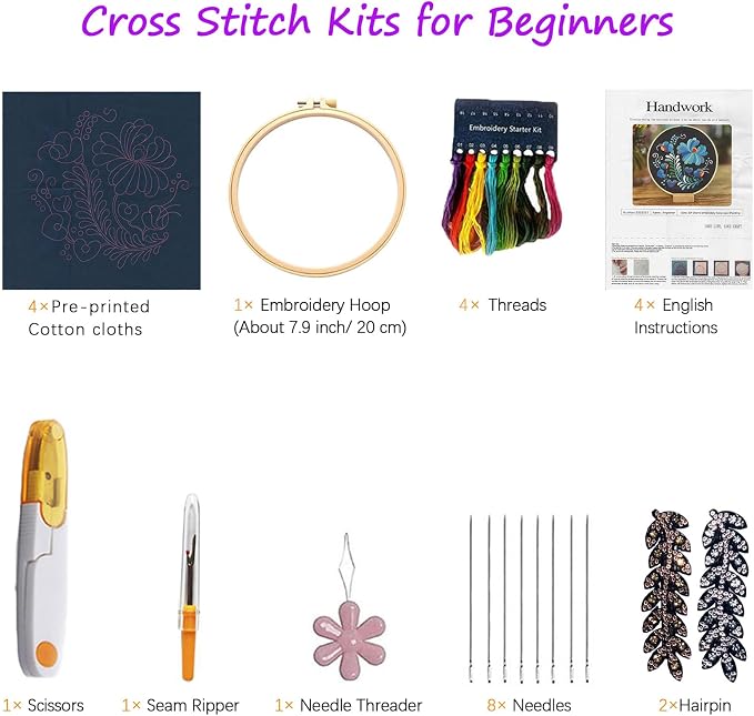 CHIYOSING Embroidery Kit for Beginners Adults, 4 Floral Pattern to Learn Over 30 Different Stitches,Includes Step-By-Step Instructions,Sharp Scissors and 2 Exquisite Hairpins and Multiple Accessories