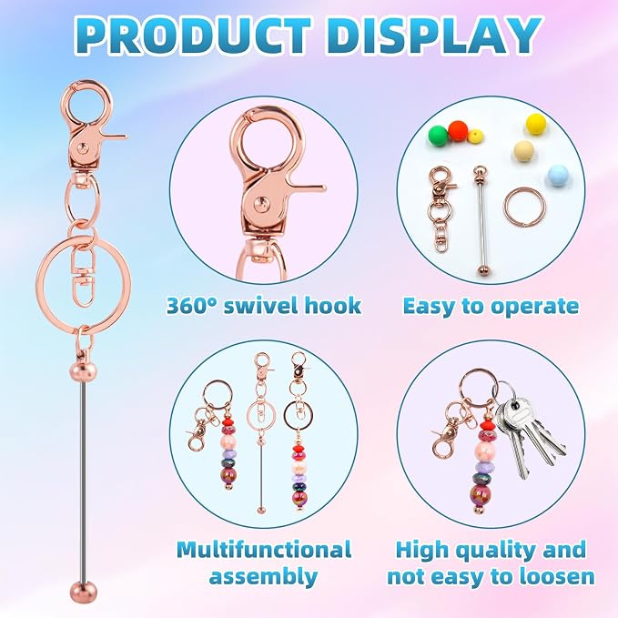 40 Pcs Beadable Keychains Bulk Kit – DIY Keychain Making Supplies with Metal Blanks for Crafts, Jewelry, Charms, Custom Projects – Blank Chain Bars for Beaded Keychain Design (Rose Gold)