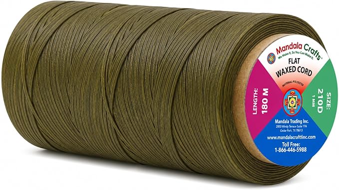 Mandala Crafts 210D 1mm Olive Green Flat Waxed Thread for Leather Sewing